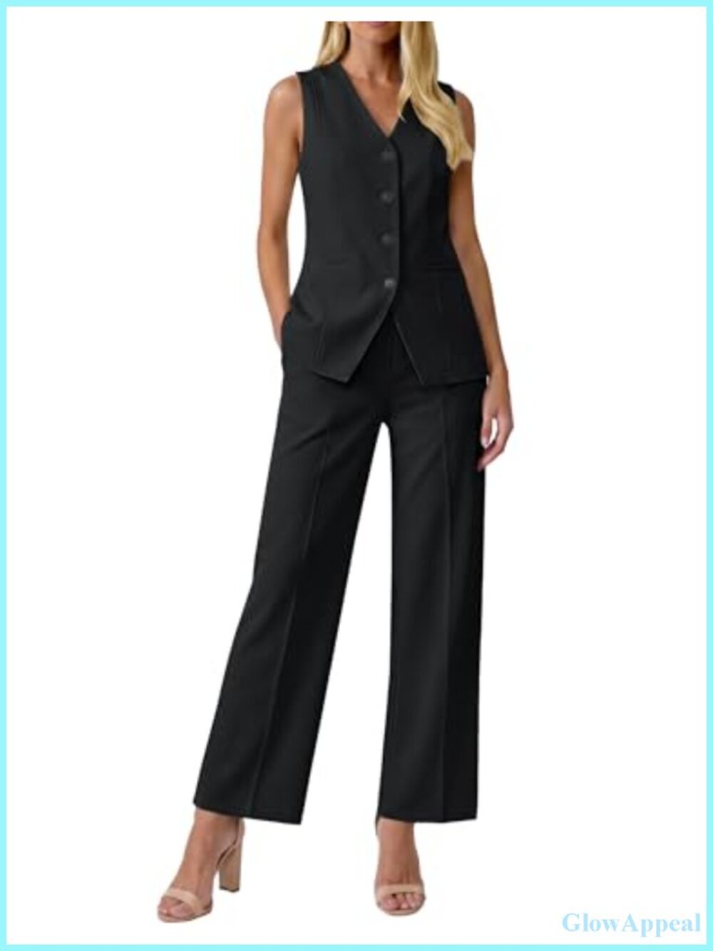 2 Piece Vest Pants Suit Set Sleeveless Blazer Straight Leg Dress Pants Business